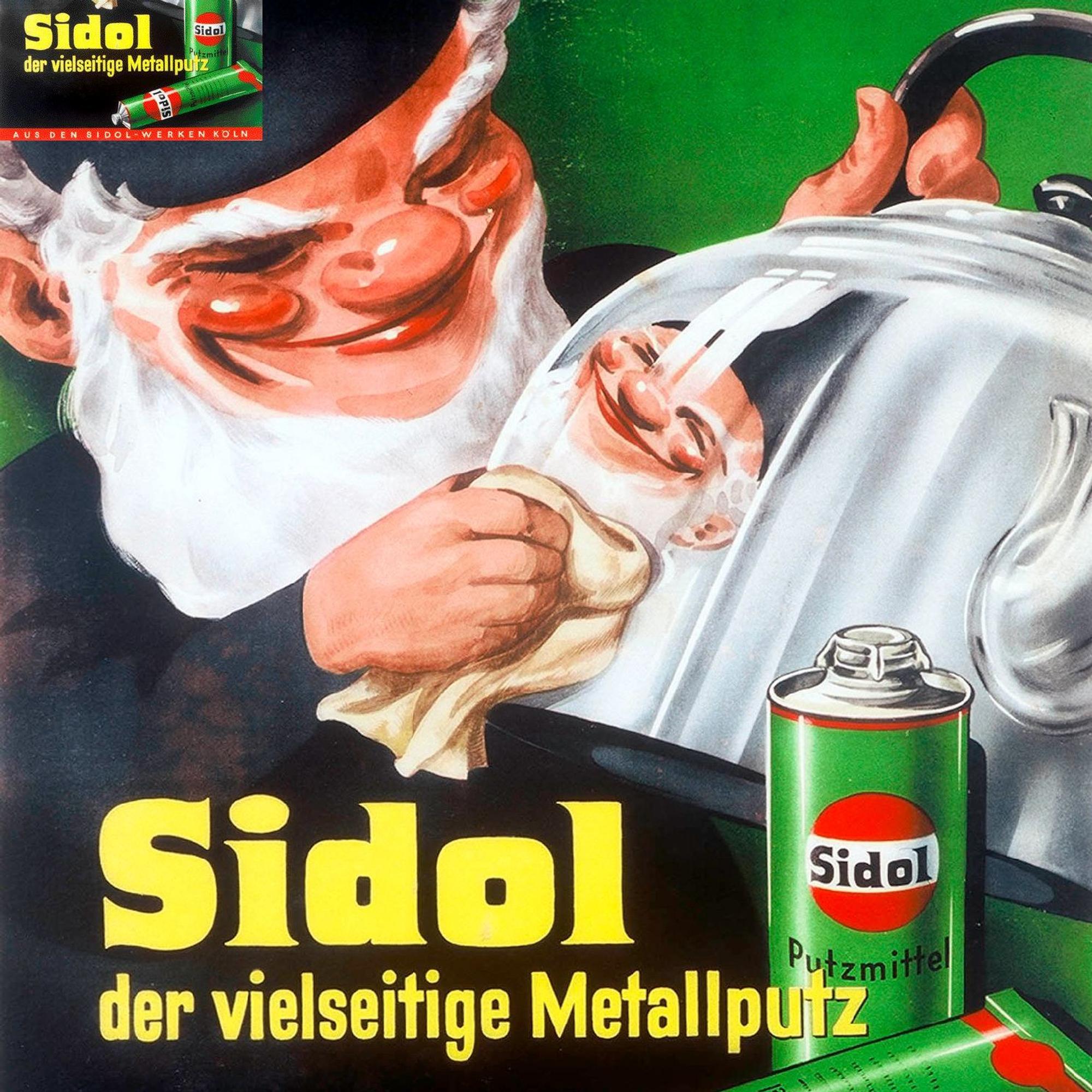 Ein Kölner Heinzelmännchen putzt eine Scheibe mit Sidol.