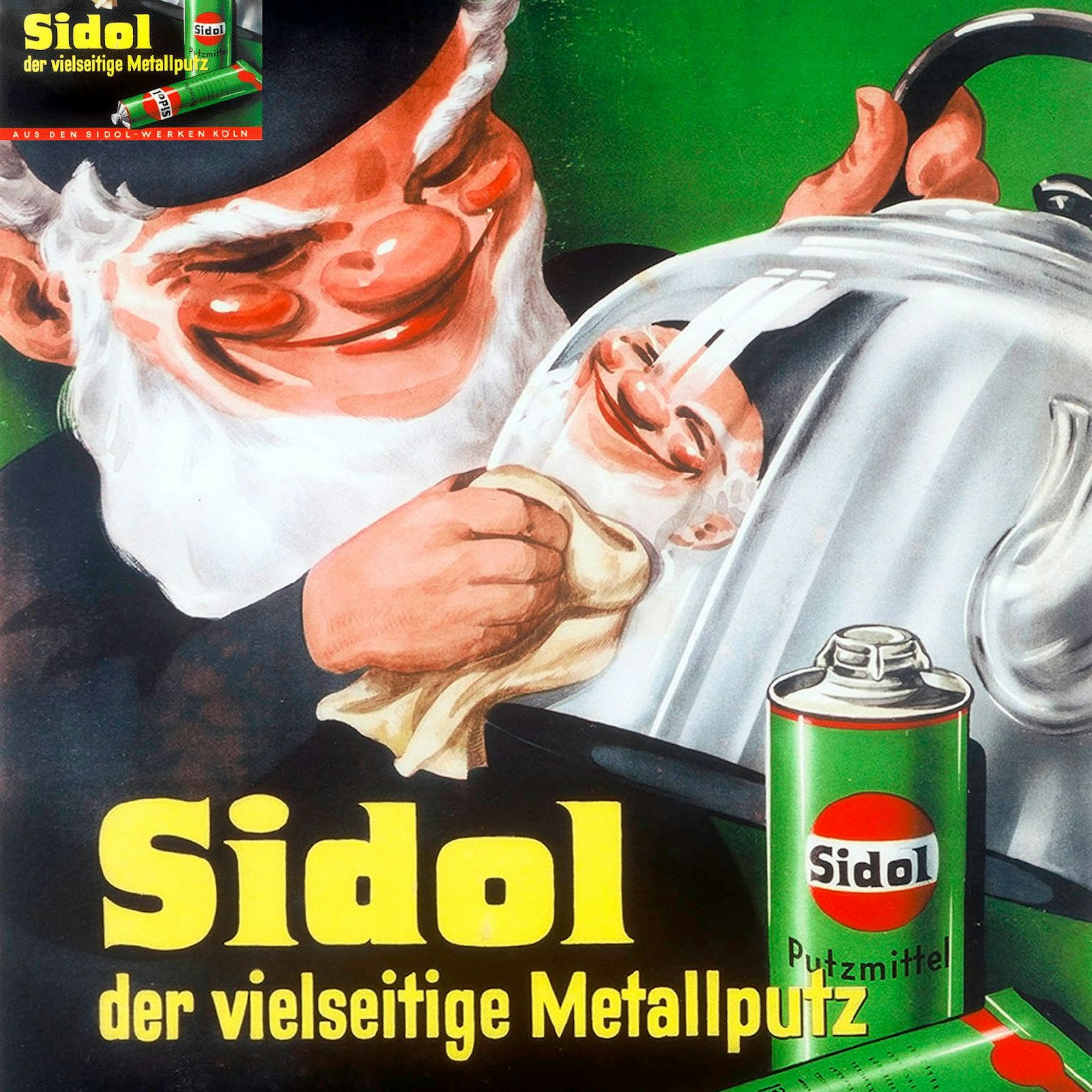 Ein Kölner Heinzelmännchen putzt eine Scheibe mit Sidol.