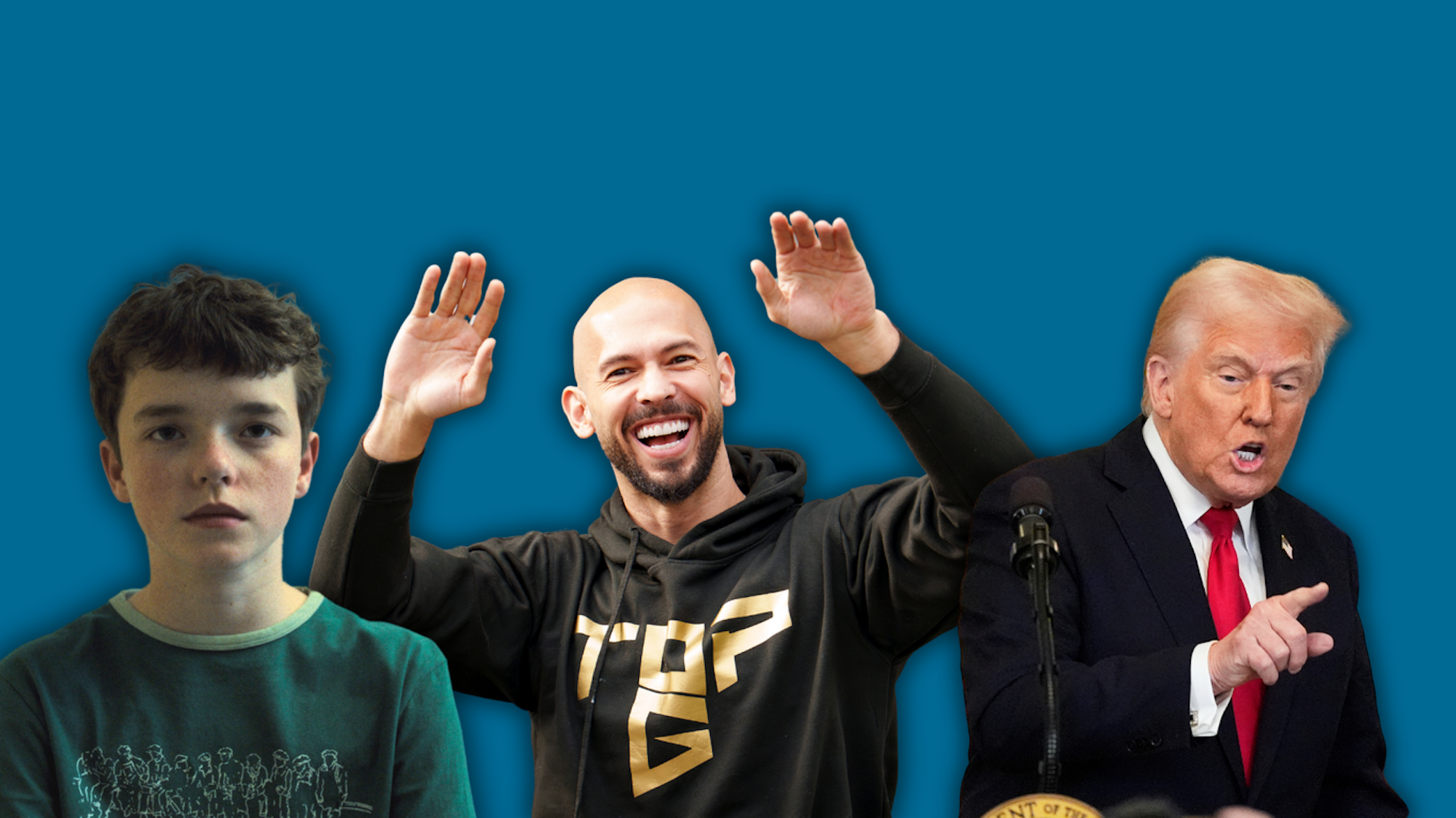 Montage aus der Netflix-Serie Adolescence, Andrew Tate und Donald Trump