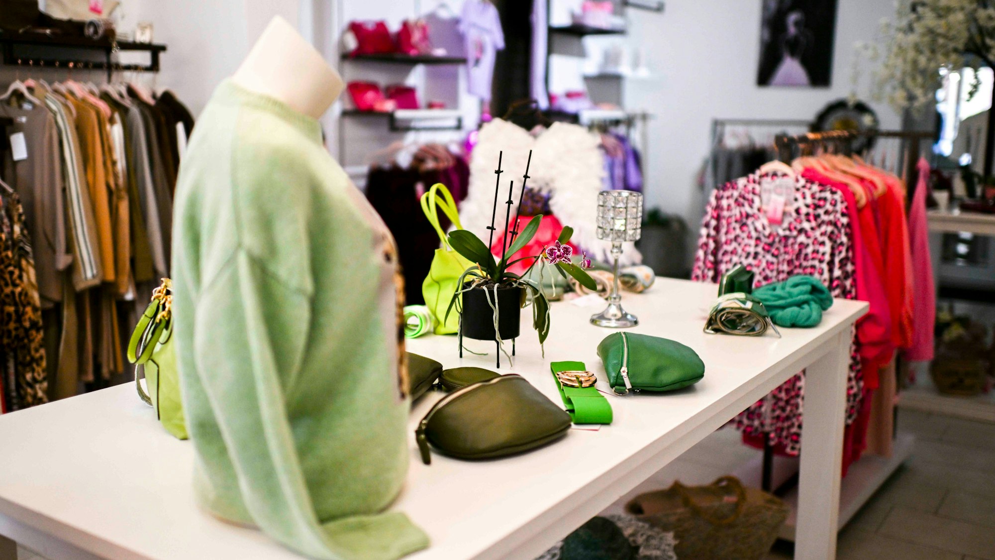 Ein Blick in den Verkaufsraum der Anziehfee. Man sieht unjterschiedlichste Kleidungsstücke für Damen in den Regalen und an den Ständern.