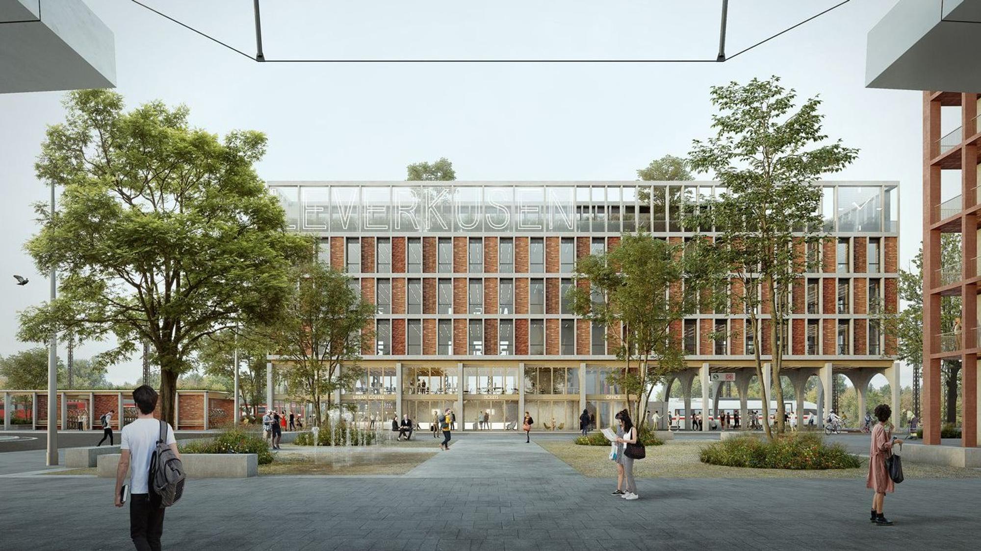 Ansicht des Entwurfs für den neuen Bahnhof Leverkusen vom Rialto-Boulevard aus