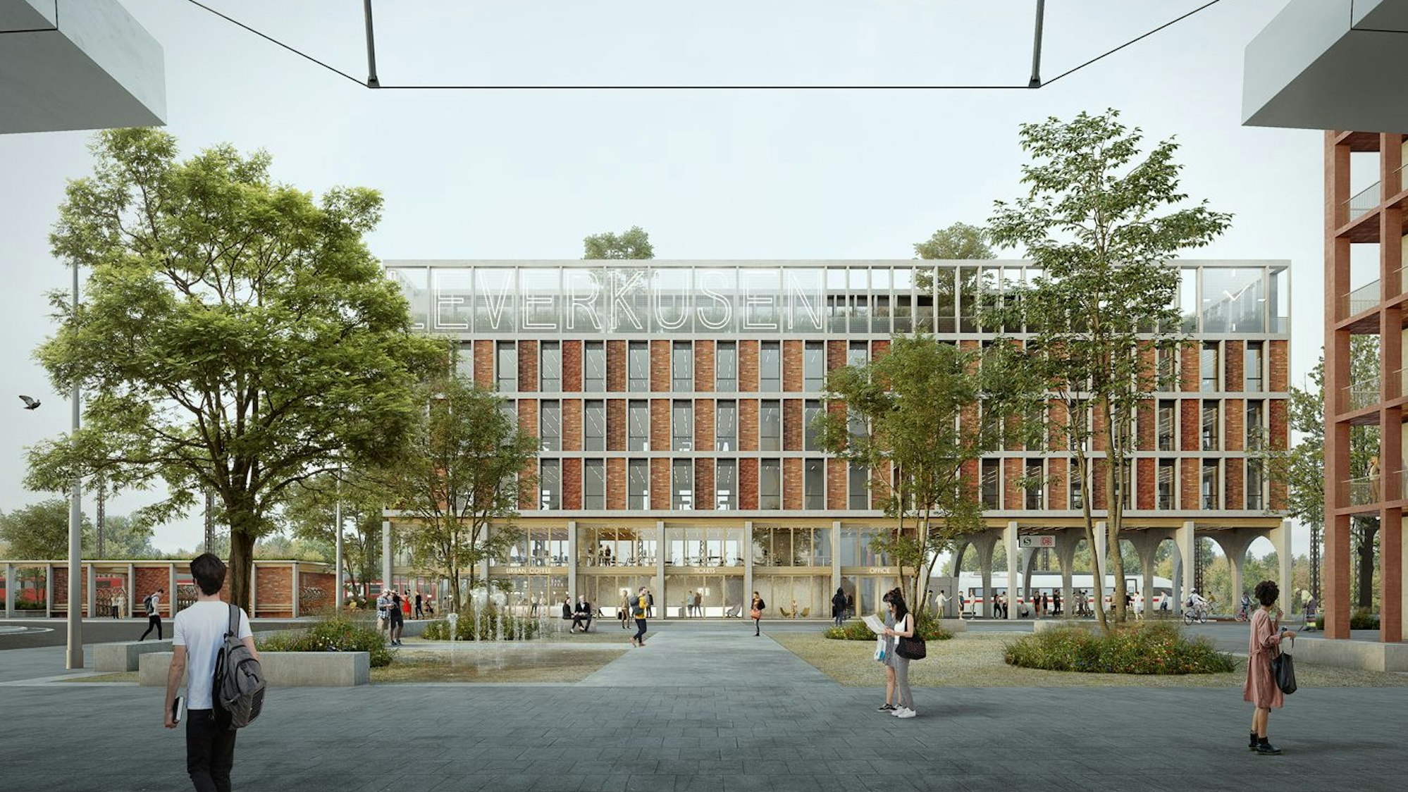 Ansicht des Entwurfs für den neuen Bahnhof Leverkusen vom Rialto-Boulevard aus