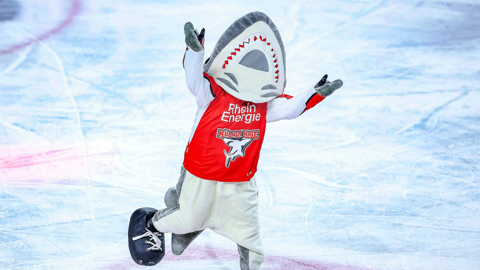 KEC-Maskottchen Sharky tanzt auf dem Eis.