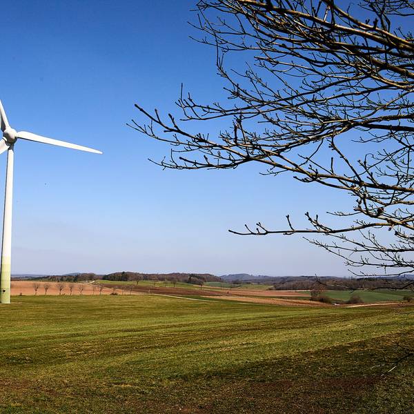 Zwei Windräder stehen auf einem Feld in der Gemeinde Nettersheim.