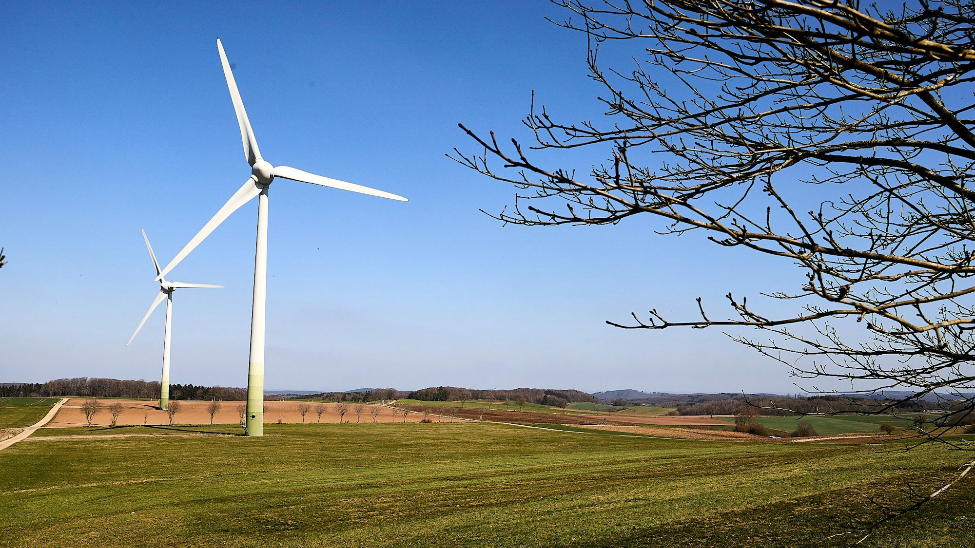 Zwei Windräder stehen auf einem Feld in der Gemeinde Nettersheim.