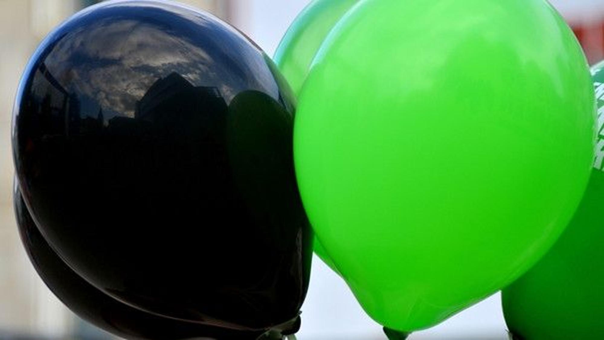 Auf dem Foto sind zwei Luftballons zu sehen, ein schwarzer und ein grüner.