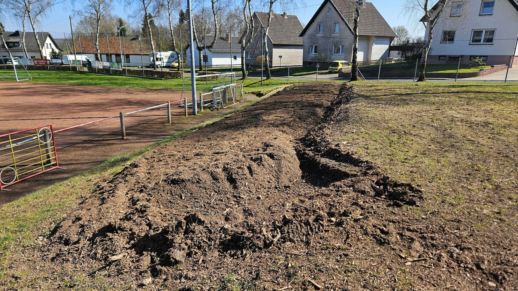 Das Foto zeigt einen Graben im Boden, wo die Wurzeln der Bäume ausgemacht wurden.