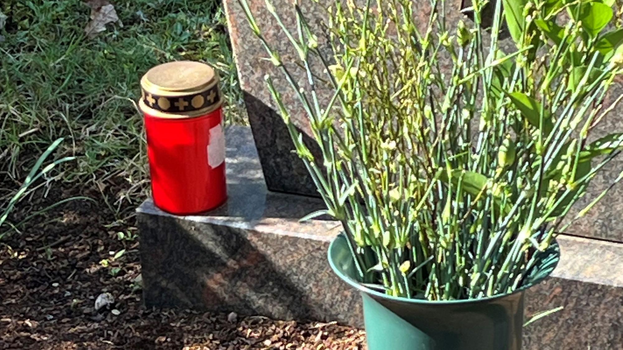 In einer Friedhofsvase seht ein Strauß, an dem die Blüten abgefressen sind.