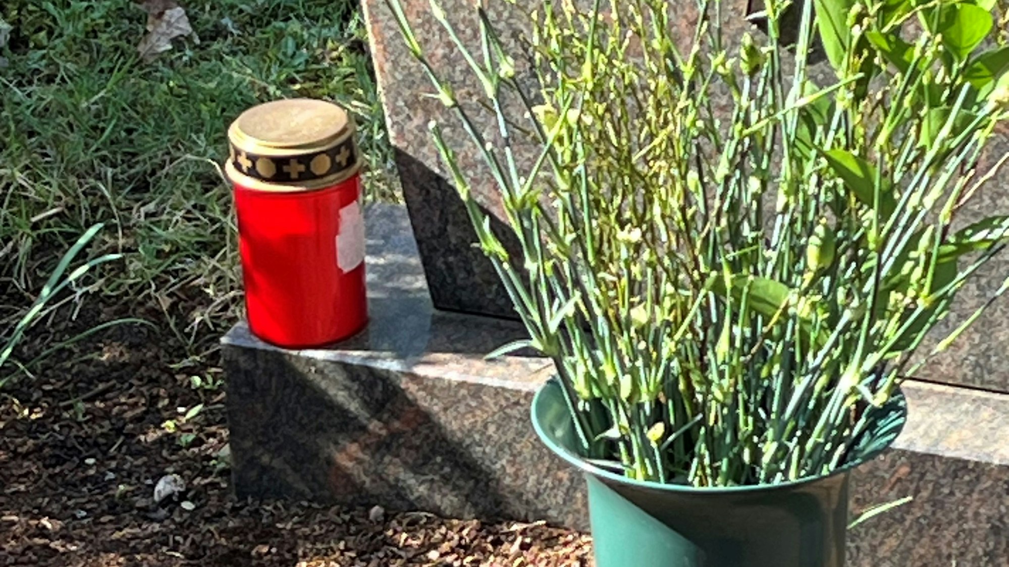 In einer Friedhofsvase seht ein Strauß, an dem die Blüten abgefressen sind.