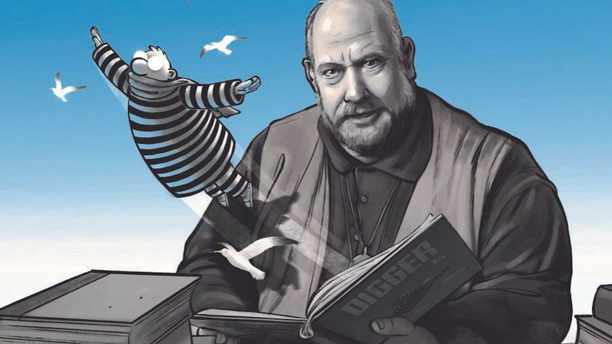 Ein Plakat einer Aufführung. Es zeigt einen Mann mit einem Buch in der Hand und einen Menschen, der aus dem Buch herauszufliegen scheint.