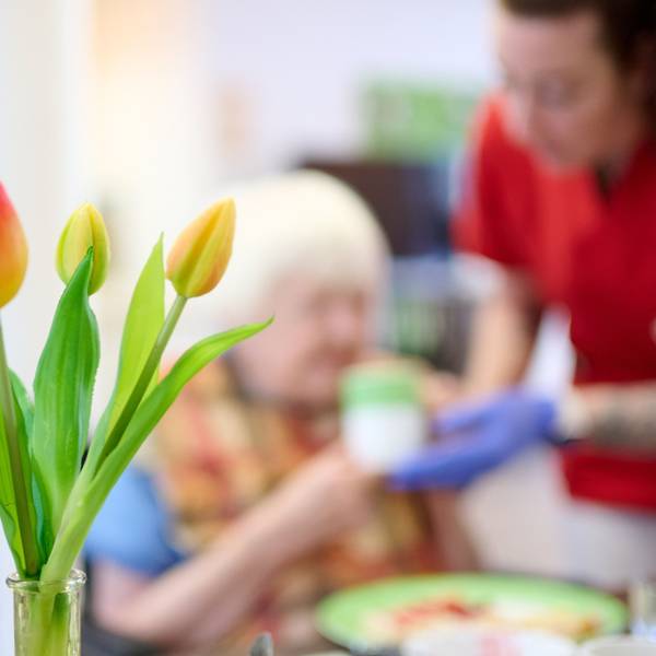 12.03.2025, Nordrhein-Westfalen, Essen: Eine Pflegekraft unterstützt eine Seniorin beim Frühstück im DRK-Pflegezentrum Solferino. Im Vordergrund steht eine Vase mit Tulpen. (zu dpa: «Pflegeversicherung droht erneutes Defizit») Foto: Bernd Thissen/dpa +++ dpa-Bildfunk +++