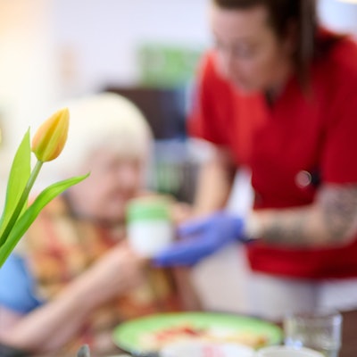 12.03.2025, Nordrhein-Westfalen, Essen: Eine Pflegekraft unterstützt eine Seniorin beim Frühstück im DRK-Pflegezentrum Solferino. Im Vordergrund steht eine Vase mit Tulpen. (zu dpa: «Pflegeversicherung droht erneutes Defizit») Foto: Bernd Thissen/dpa +++ dpa-Bildfunk +++