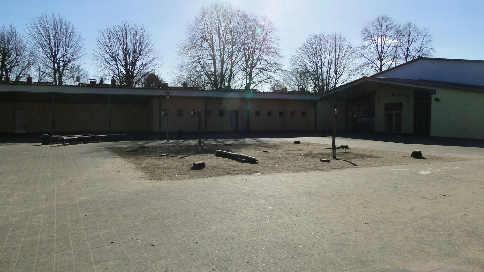 Ein leerer Schulhof, auf dem Bäume gefällt worden sind.