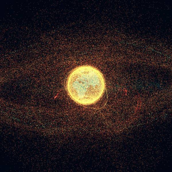 In diesem Schaubild ist dargestellt, wie viele aktive Satelliten und wie viele Weltraumschrott-Teile mit welcher Größe im Erd-Orbit kreisen.