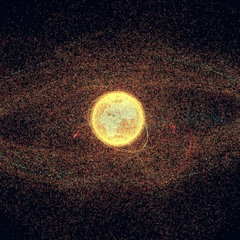 In diesem Schaubild ist dargestellt, wie viele aktive Satelliten und wie viele Weltraumschrott-Teile mit welcher Größe im Erd-Orbit kreisen.
