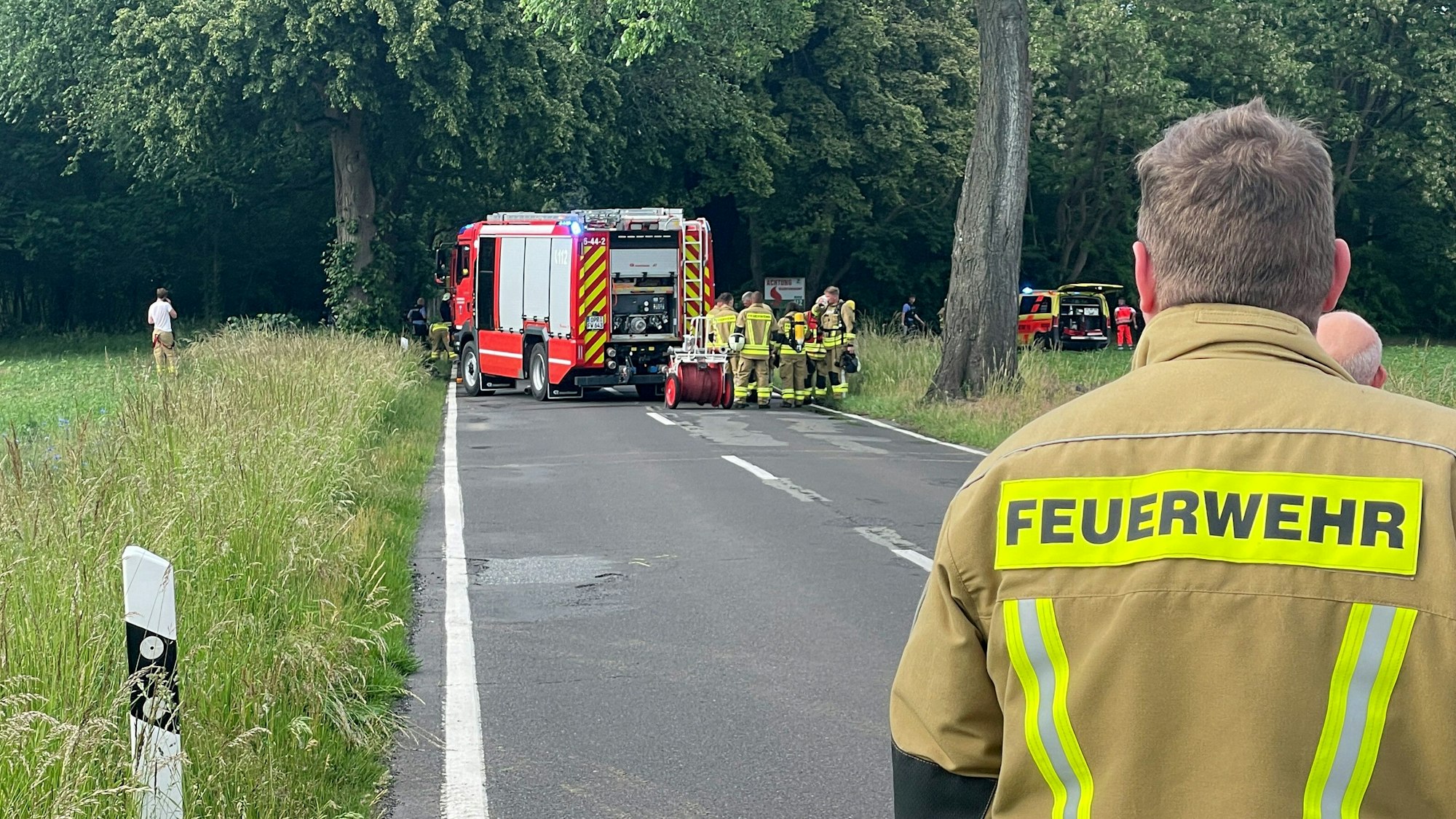 Einsatzkräfte der Feuerwehr an der Unfallstelle auf einer Landstraße (Symbolfoto).