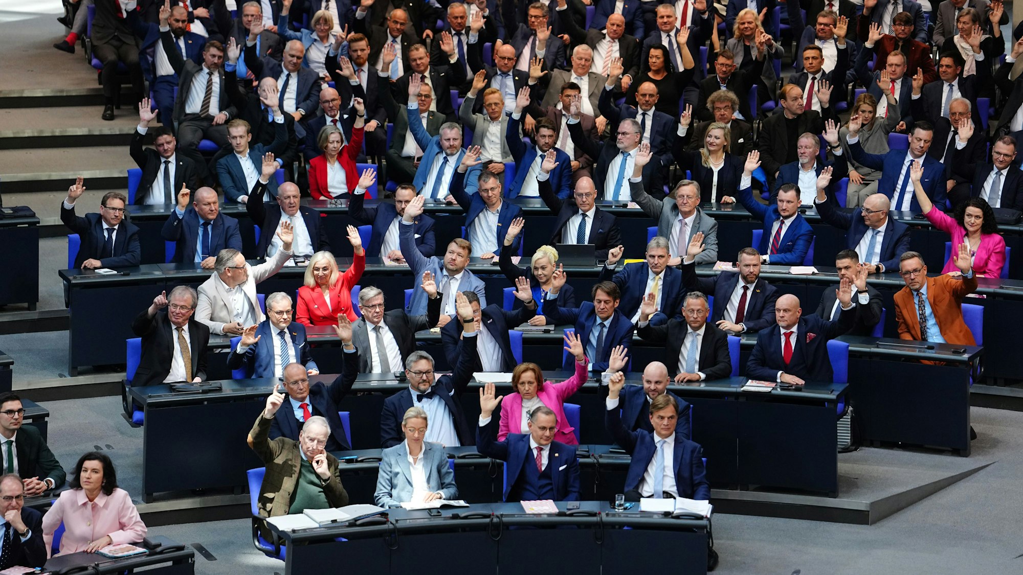ARCHIV - 25.03.2025, Berlin: Die AfD-Fraktion stimmt über einen Antrag ab bei der konstituierenden Sitzung des neuen Bundestags. (zu dpa: «AfD in Umfrage nur knapp hinter Union») Foto: Kay Nietfeld/dpa +++ dpa-Bildfunk +++