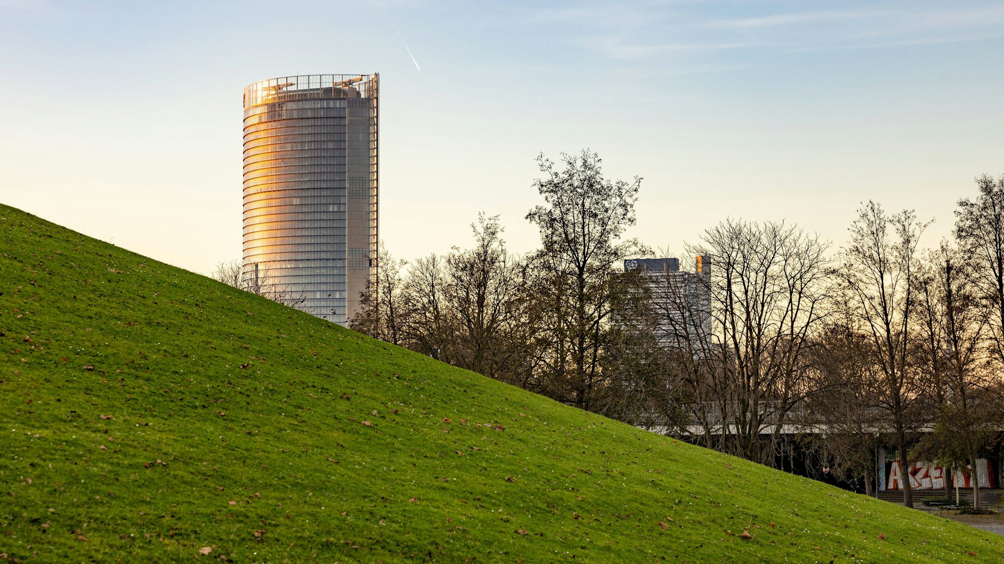 Die Bonner Rheinauer bei Sonnenuntergang. Im Hintergrund der Post Tower (Archivfoto).