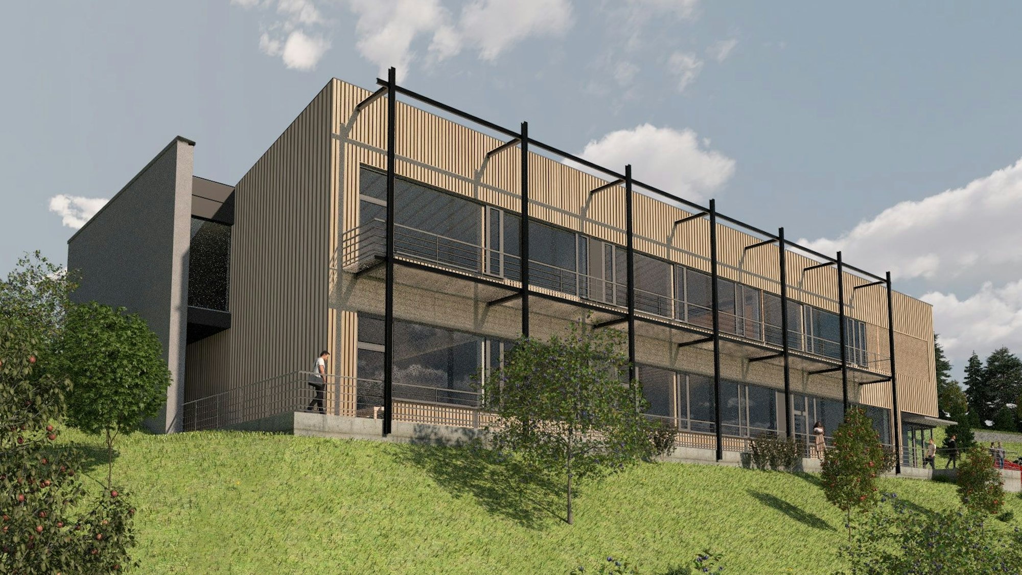 Einer der beiden zweigeschossigen Neubauten ist in einer Visualisierung zu sehen.