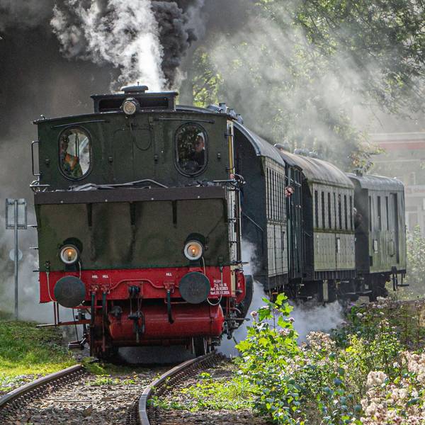 Blick auf eine dampfende Dampflokomotive