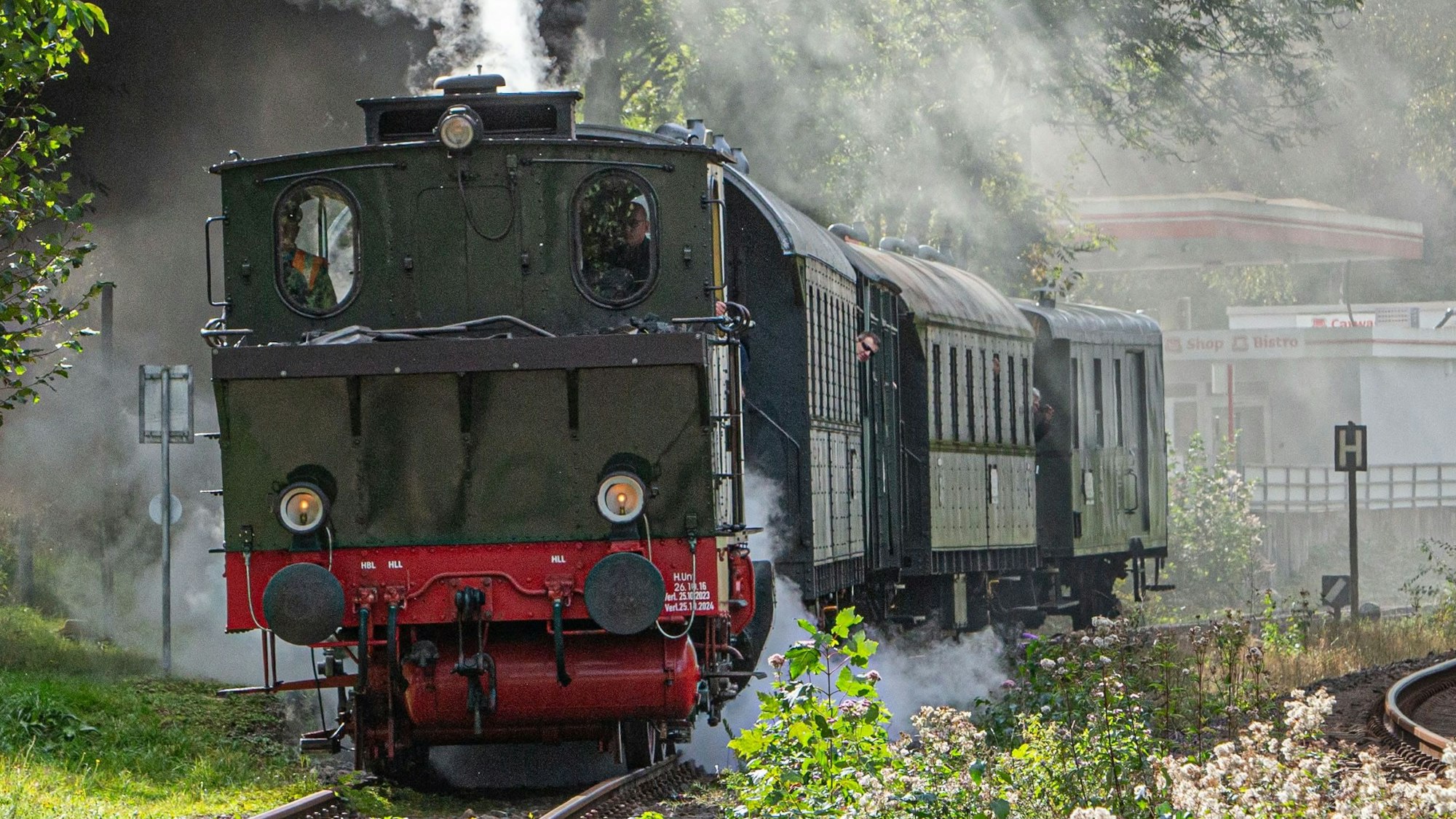 Blick auf eine dampfende Dampflokomotive