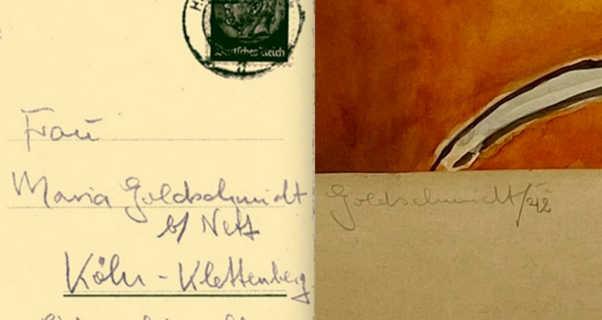 Links die Postkarte, die Helmut Goldschmidt aus dem Zug warf, mit dem er nach Auschwitz transportiert wurde. Der Vergleich mit der Bildsignatur ergab, dass das Sonnenblumenbild tatsächlich von ihm stammt.