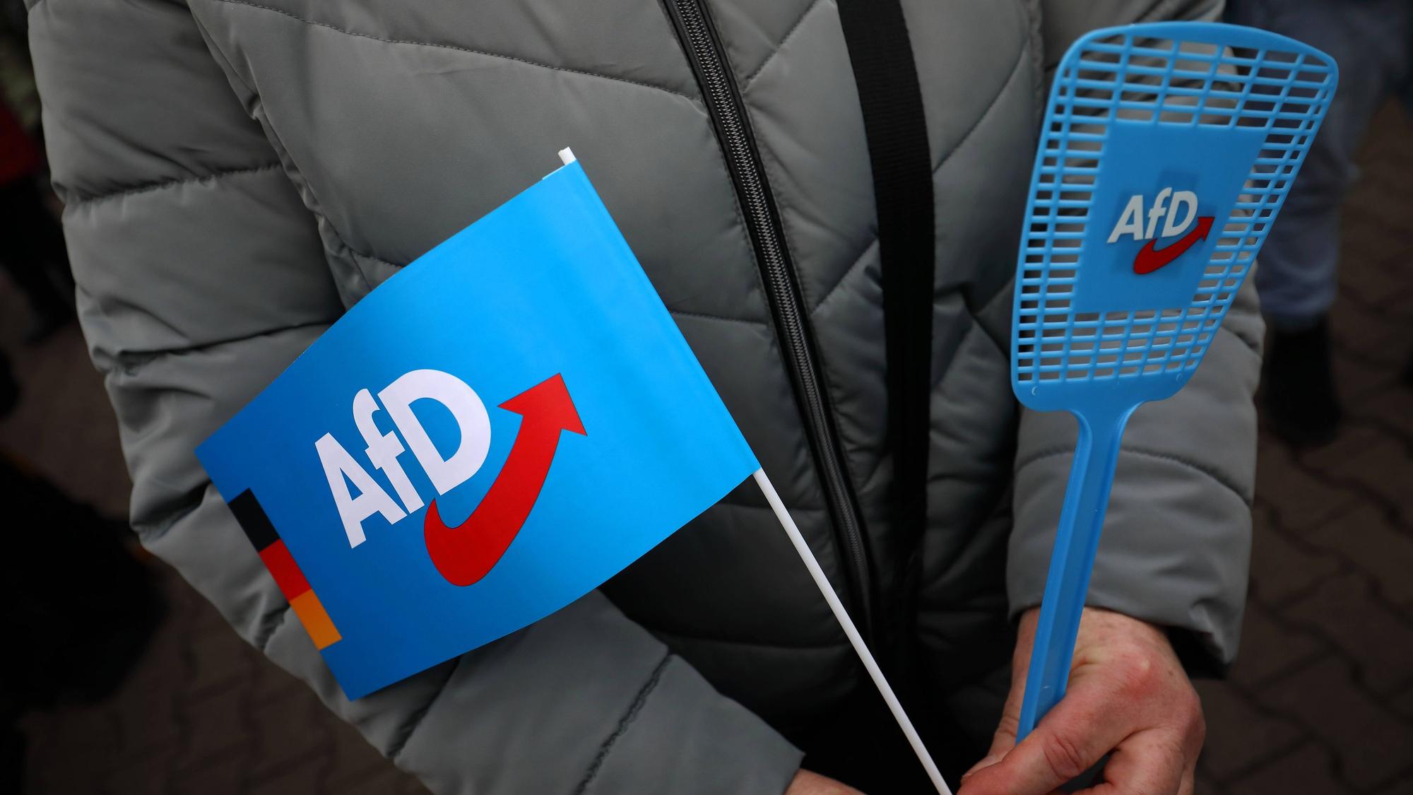 Demoteilnehmer trägt AfD-Fähnchen mit AfD-Logo und Fliegenklatsche mit AfD-Logo
