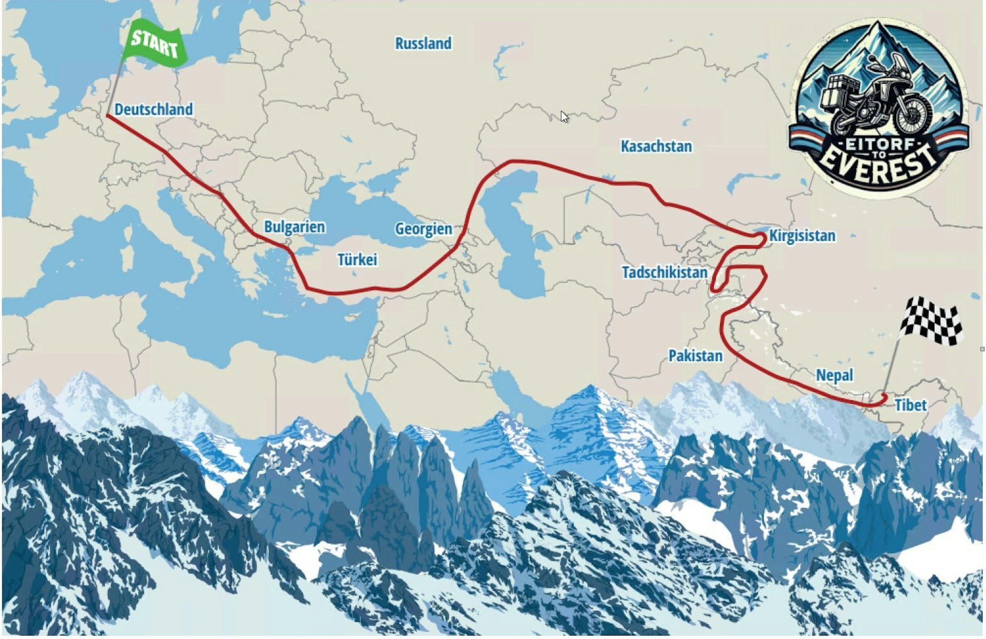 Die Route von Eitorf bis Tibet