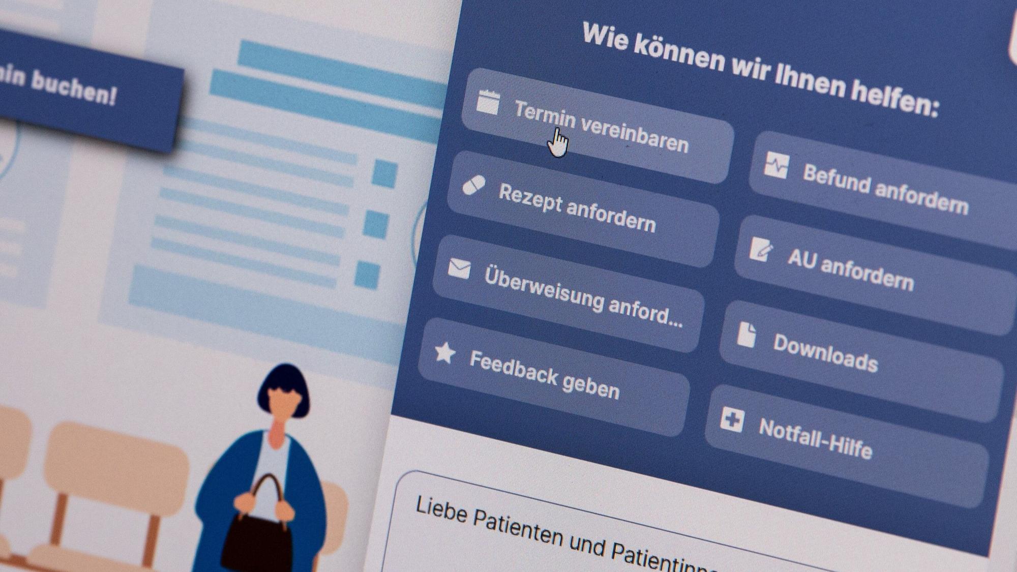 Das Foto zeigt die Oberfläche einer Online-Arzttermin-Buchungs-App. Patienten können zwischen Optionen wie „Termin vereinbaren“, „Rezept anfordern“ etc. wählen.