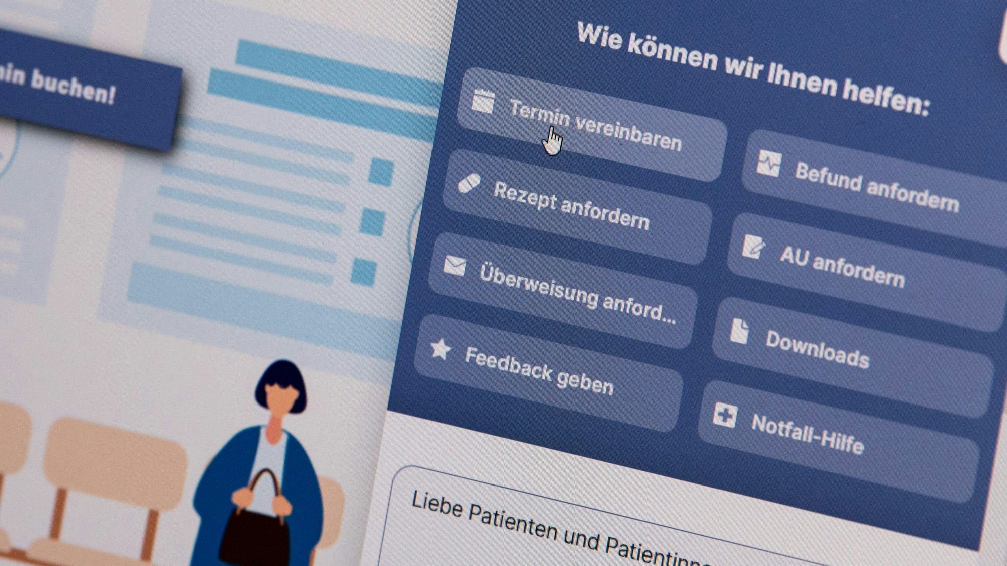 Das Foto zeigt die Oberfläche einer Online-Arzttermin-Buchungs-App. Patienten können zwischen Optionen wie „Termin vereinbaren“, „Rezept anfordern“ etc. wählen.