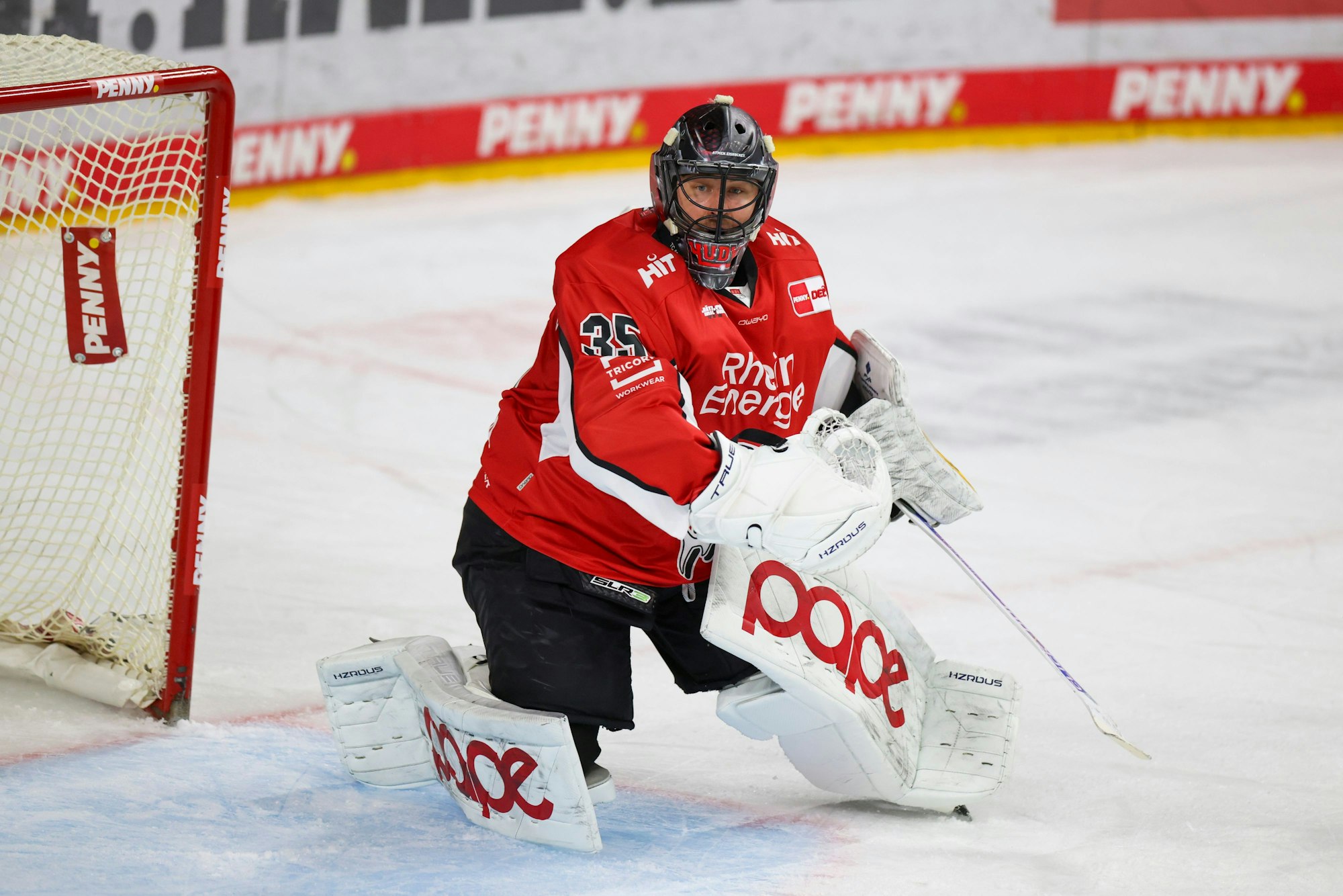28.03.2025, Nordrhein-Westfalen, Köln: Eishockey: DEL, Kölner Haie - Pinguins Bremerhaven, Meisterschaftsrunde, Viertelfinale, 6. Spieltag, Lanxess Arena: Kölns Torhüter Julius Hudacek auf dem Eis in Aktion. Foto: Christoph Reichwein/dpa +++ dpa-Bildfunk +++
