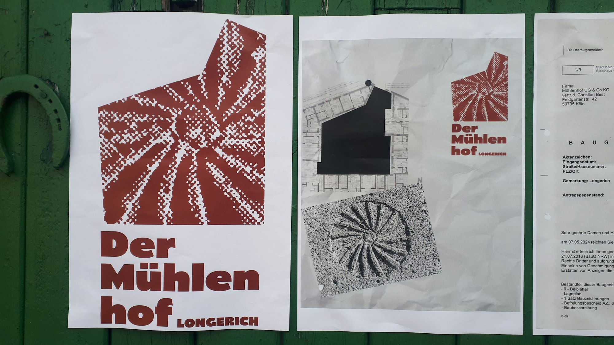 An einer Pinnwand hängen der Grundriss des Mühlenhofs und das Logo des Projekts.