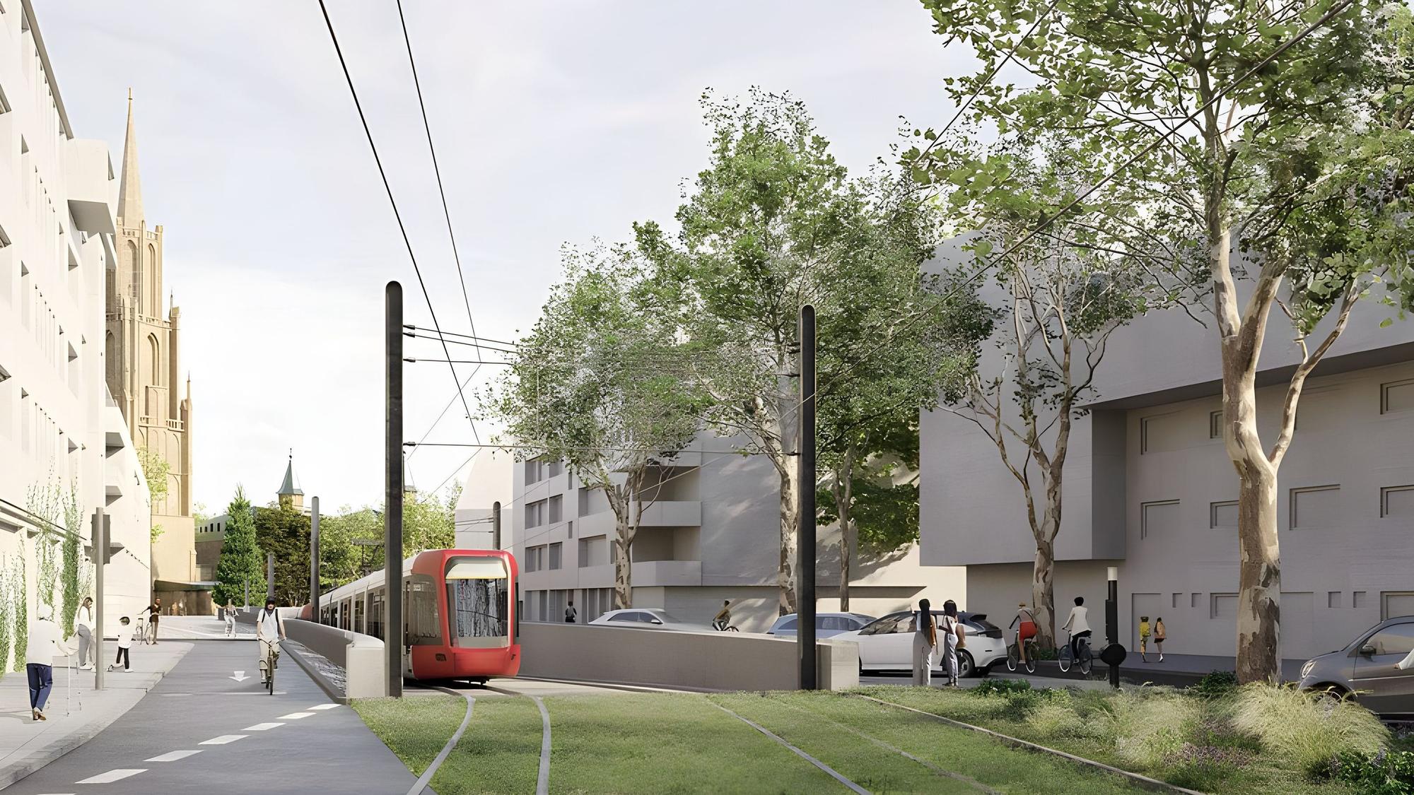Eine Visualisierung zeigt, wie die Stadtbahn an der Jahnstraße künftig aus einem Tunnel auf- und abtauchen könnte.