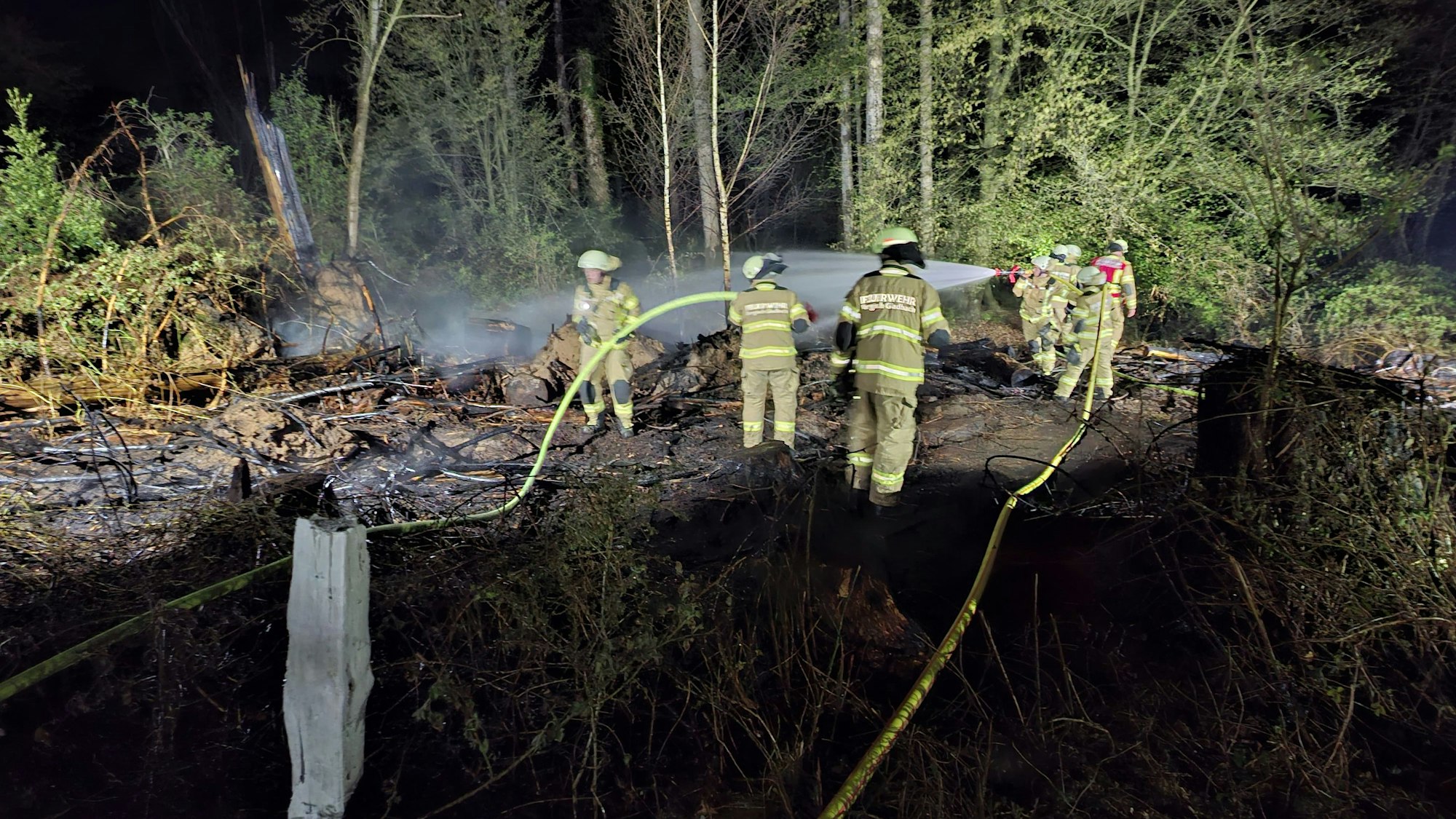 Feuerwehrleute löschen brennendes Unterholz an einem Waldrand.