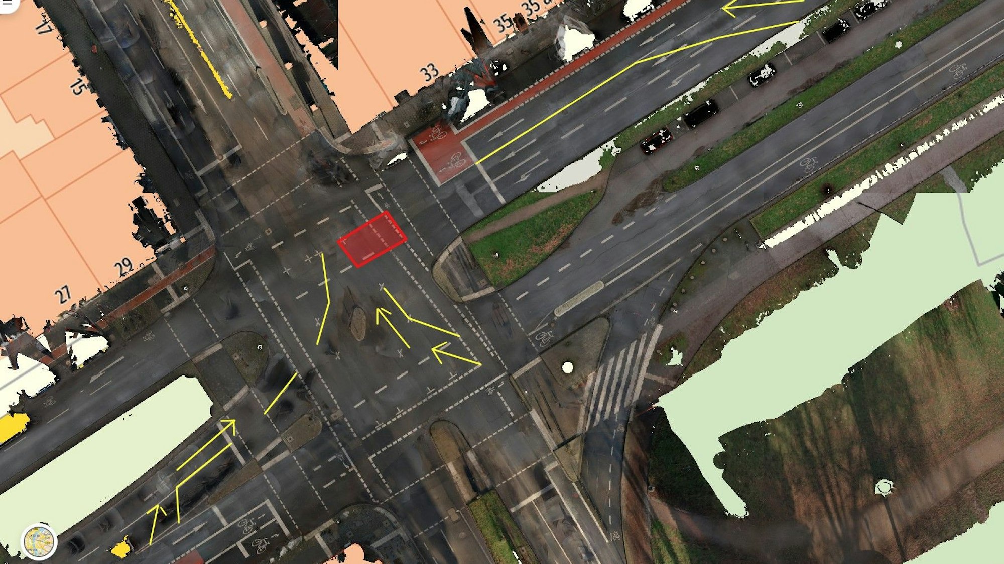 Das Luftbild der Stadt Köln zeigt die Kreuzung „Am Kümpchenshof“/Hansaring. Der Teil der Fahrbahn, der am Dienstag abgesackt ist, ist rot markiert.