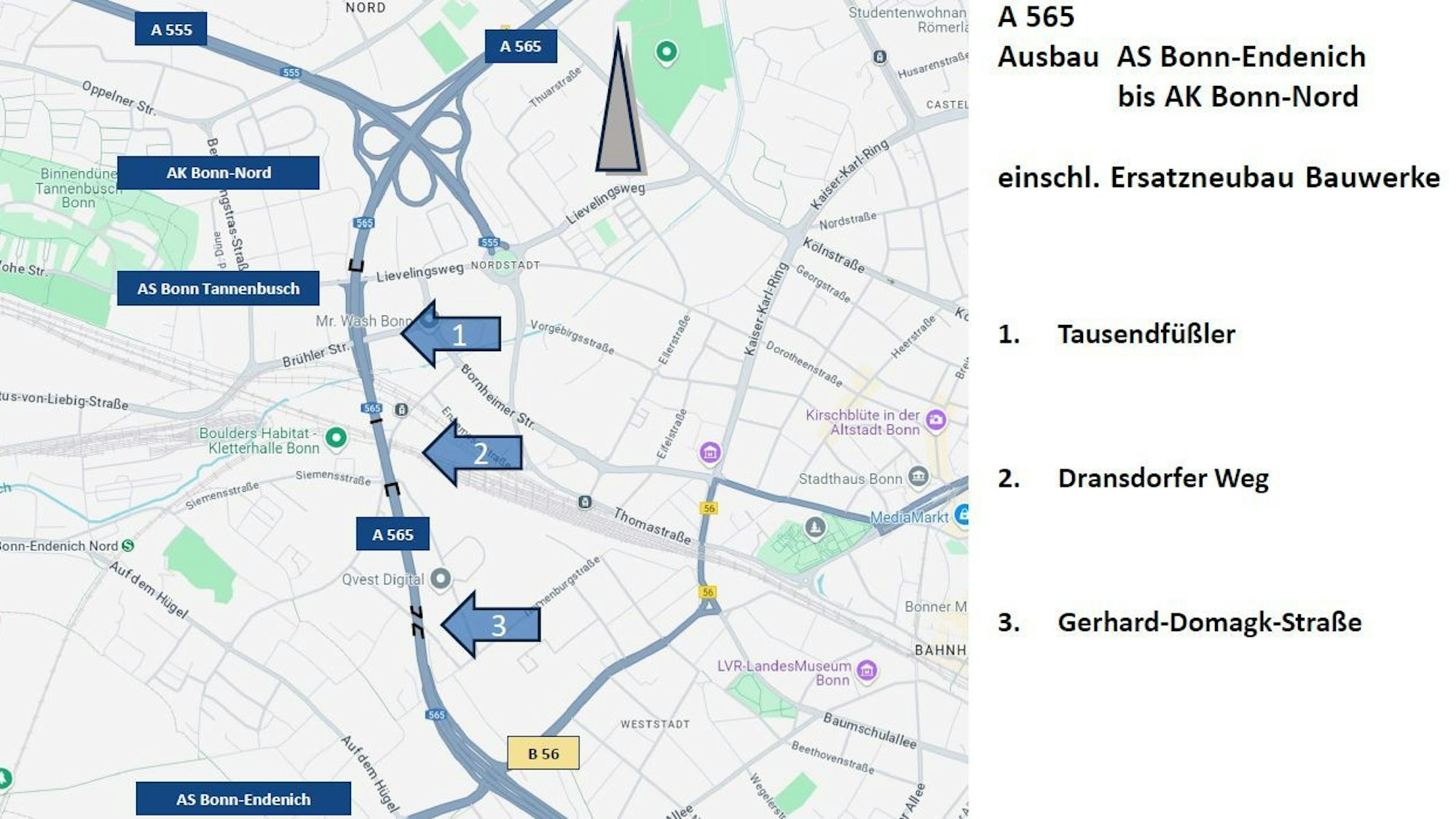 Eine Grafik zeigt eine Karte der A565 von oben. Mit den Zahlen eins bis drei sind Brückenabschnitte gekennzeichnet.