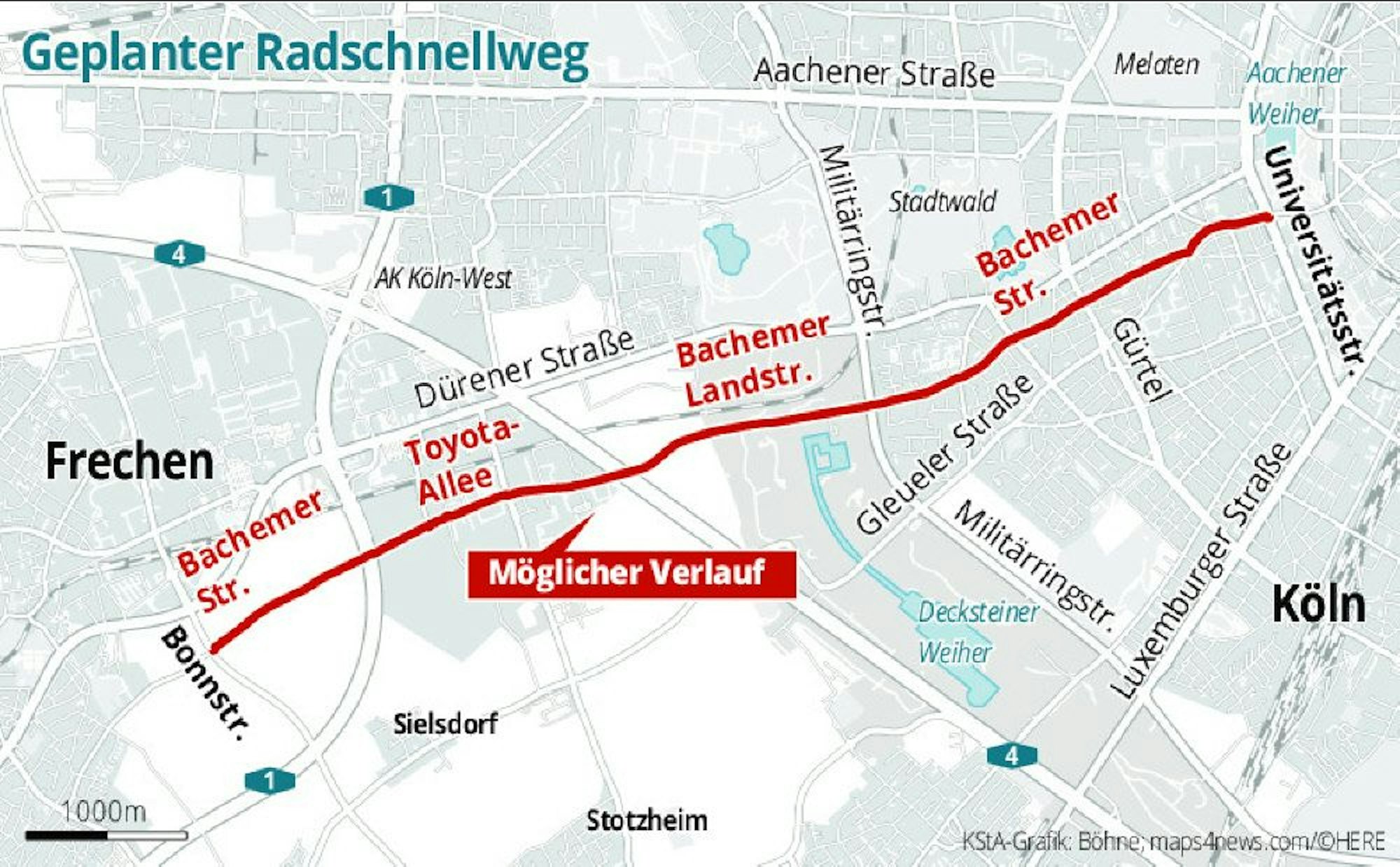 Der Verlauf des geplanten Radschnellwegs Köln-Frechen
