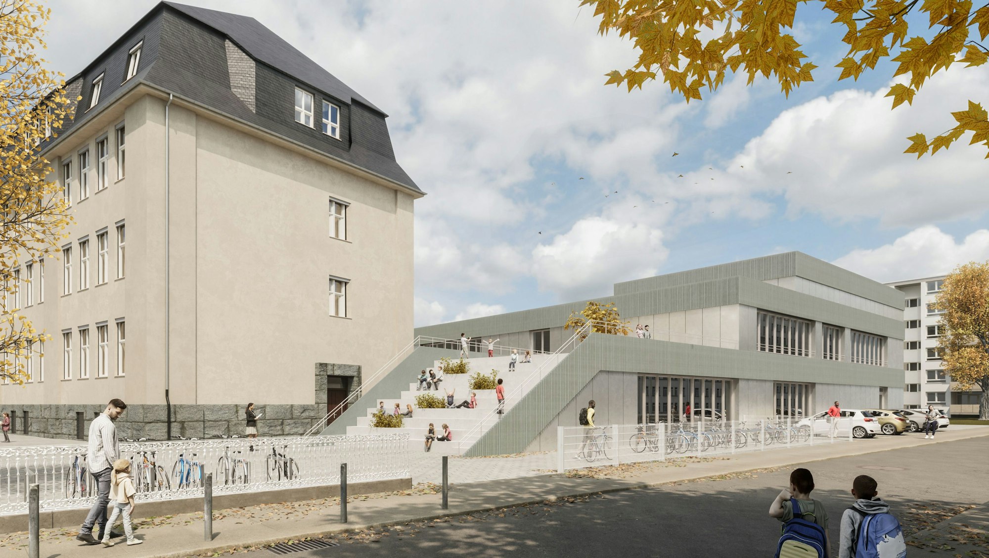 Zu sehen ist die Visualisierung des Neubaus der Grundschule am Manderscheider Platz. Neben dem denkmalgeschützten Schulgebäude ist eine Freitreppe mit Begrünung und Menschen zu sehen.