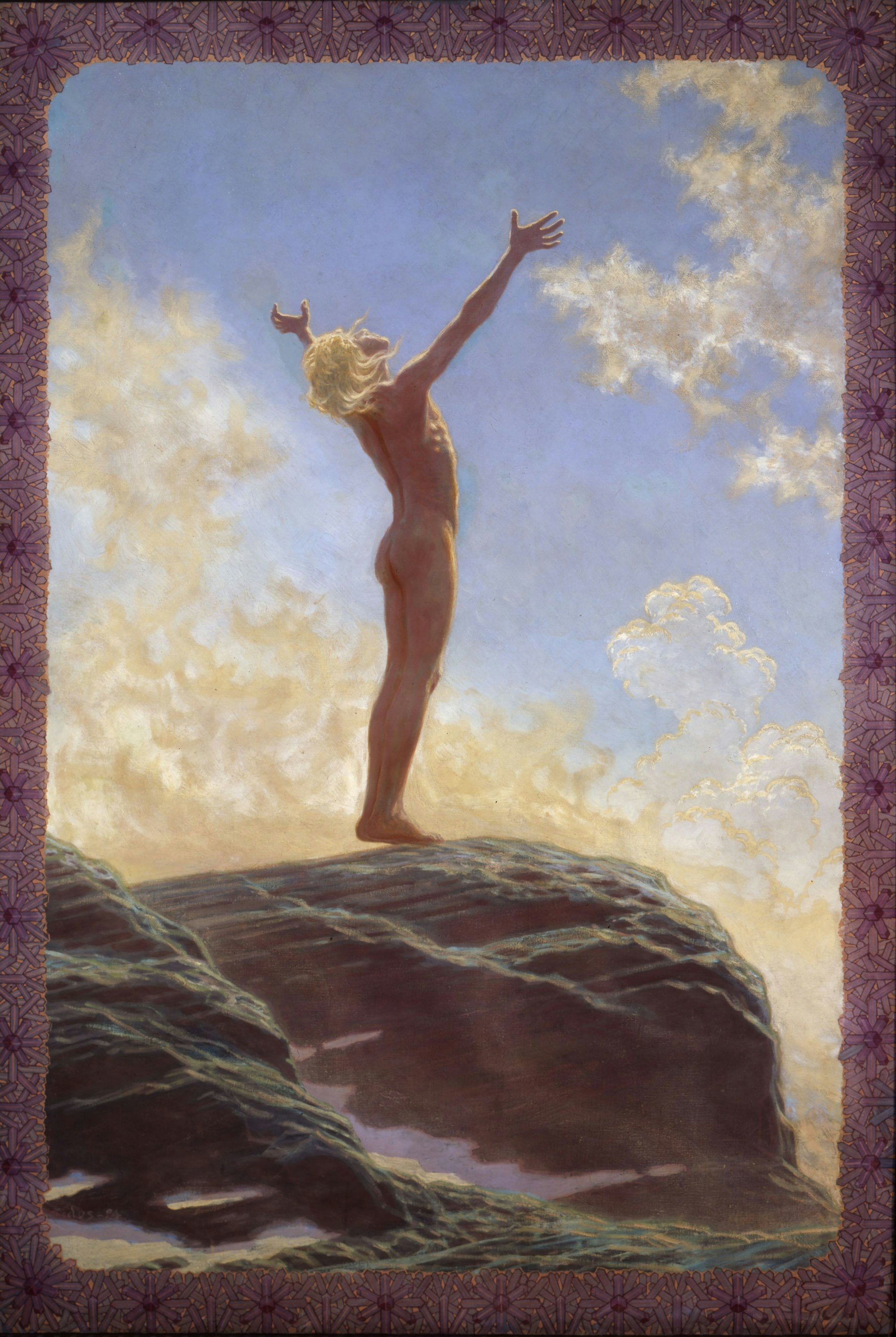 Ein nackter Jüngling steht bei Sonnenaufgang auf einem Berg.