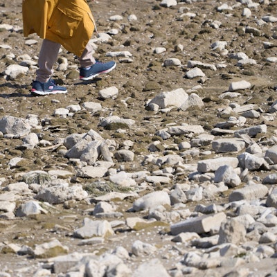 08.04.2025, Rheinland-Pfalz, Osterspai: Ein Spaziergänger läuft über eine Sandbank bei Osterspai. Der Wasserstand im Rhein ist für die Jahreszeit bereits extrem niedrig, Frachtschiffe können nicht mehr voll beladen werden. (Luftaufnahme mit einer Drohne). Foto: Thomas Frey/dpa +++ dpa-Bildfunk +++