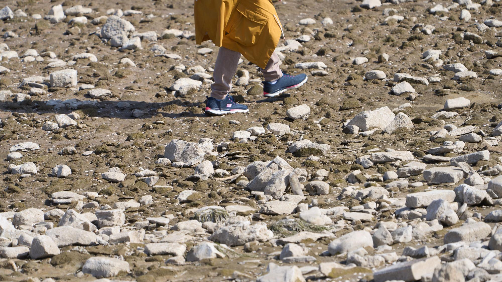 08.04.2025, Rheinland-Pfalz, Osterspai: Ein Spaziergänger läuft über eine Sandbank bei Osterspai. Der Wasserstand im Rhein ist für die Jahreszeit bereits extrem niedrig, Frachtschiffe können nicht mehr voll beladen werden. (Luftaufnahme mit einer Drohne). Foto: Thomas Frey/dpa +++ dpa-Bildfunk +++