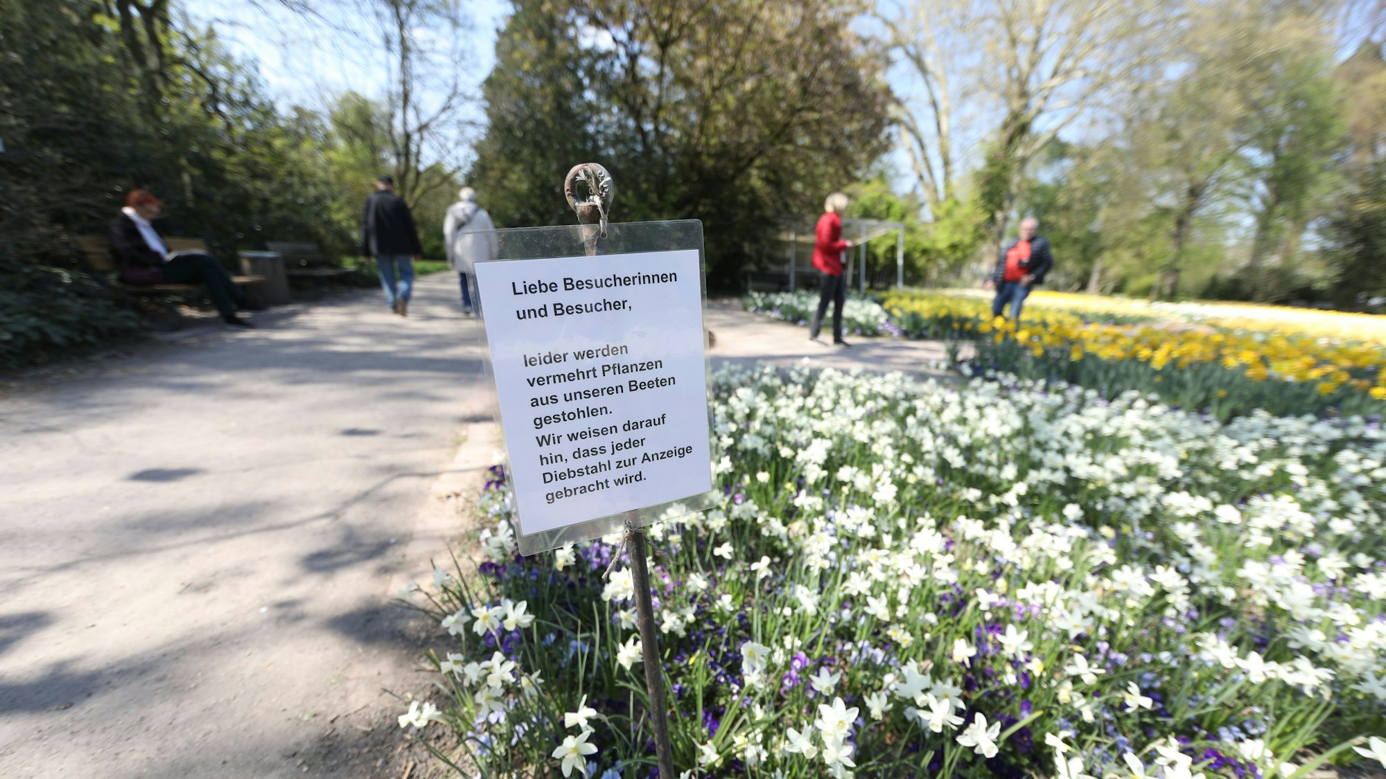 Auf dem Gelände von Flora und Botanischer Garten warnen Schilder die Besucher davor, Pflanzen zu stehlen.