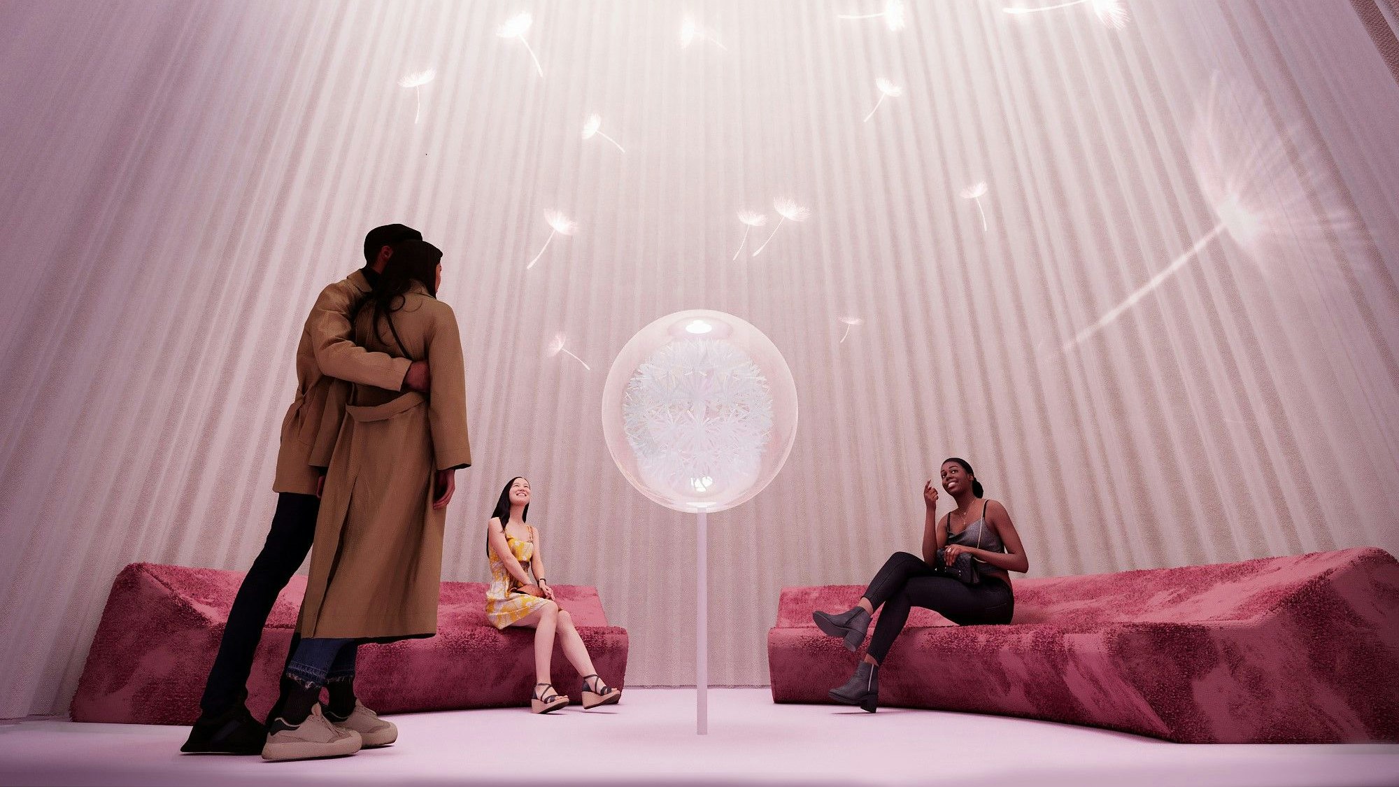 Wohlfühlort im Konzeptraum Liebe mit Sofas und Pusteblumen-Installation