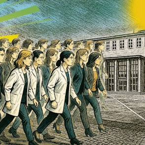 Illustration: Trump mit drohender Geste, und die Wissenschaftlerinnen und Wissenschaftler wenden sich ab und laufen Richtung Uni Köln