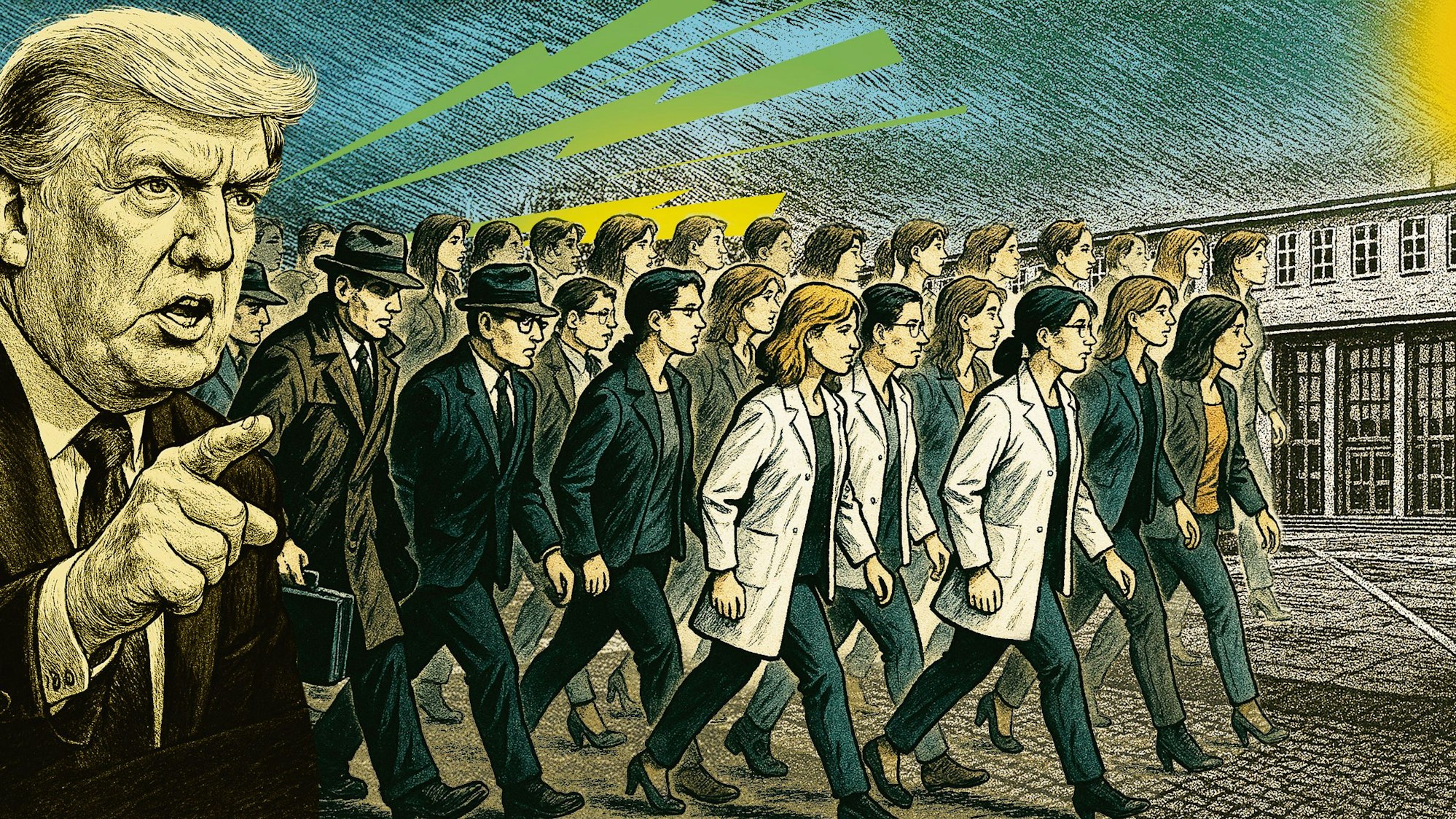 Illustration: Trump mit drohender Geste, und die Wissenschaftlerinnen und Wissenschaftler wenden sich ab und laufen Richtung Uni Köln