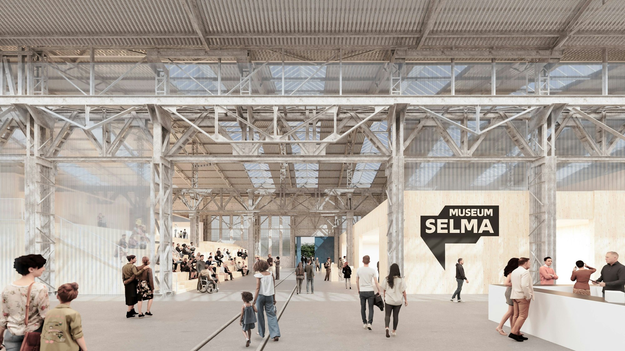 Der Eingangsbereich des neuen Museum Selma soll offen gestaltet sein: Die Industriehalle bleibt erhalten, neue Elemente ergänzen in Holzbauweise den Innenraum.