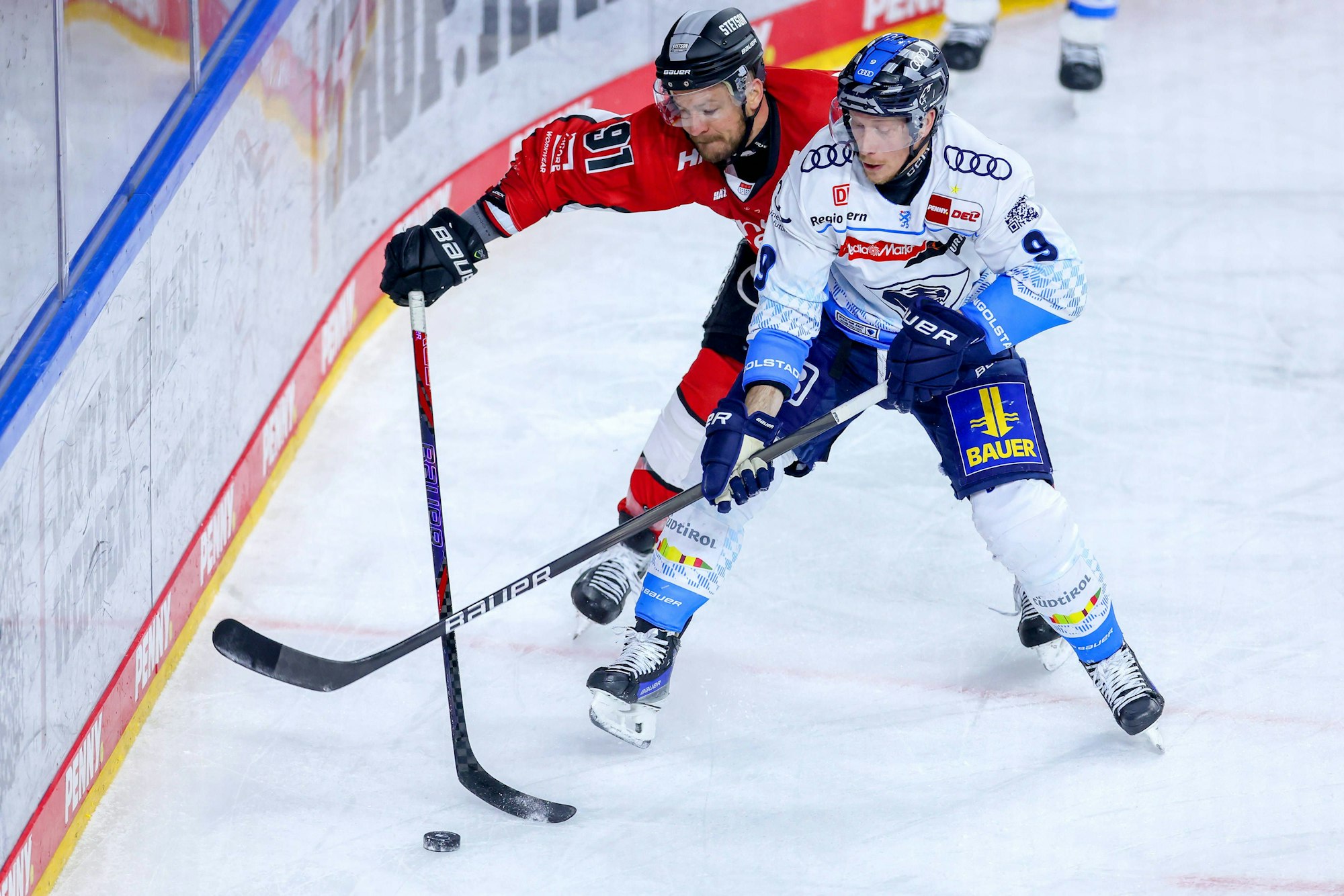 Ingolstadts Myles Powell im Zweikampf mit KEC-Kapitän Moritz Müller. (Archivbild)