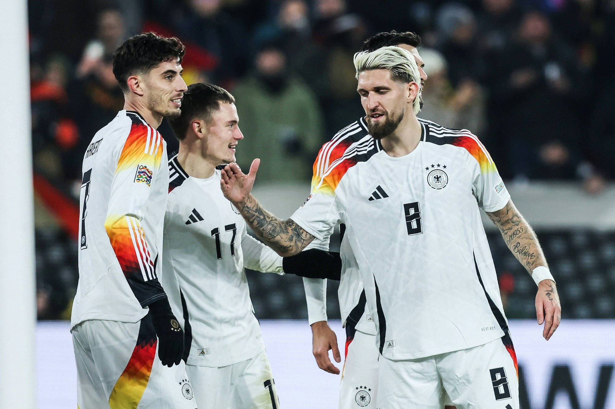 Fussball, UEFA Nations League Saison 2024/2025 Gruppe A3 - 5.Spieltag Deutschland - Bosnien-Herzegowina 16.11.2024, Europa-Park-Stadion Kai Havertz Deutschland, 7 Florian Wirtz Deutschland, 17 Robert Andrich Deutschland, 8 Tim Kleindienst Deutschland, 9 Torjubel Freiburg im Breisgau Europa-Park-Stadion Baden-Württemberg Deutschland *** Sport, Football, UEFA Nations League Season 2024 2025 Group A3 5 Matchday Germany Bosnia Herzegovina 16 11 2024, Europa Park Stadion Kai Havertz Germany, 7 Florian Wirtz Germany, 17 Robert Andrich Germany, 8 Tim Kleindienst Germany, 9 Goal celebration Freiburg im Breisgau Europa Park Stadion Baden Württemberg Germany