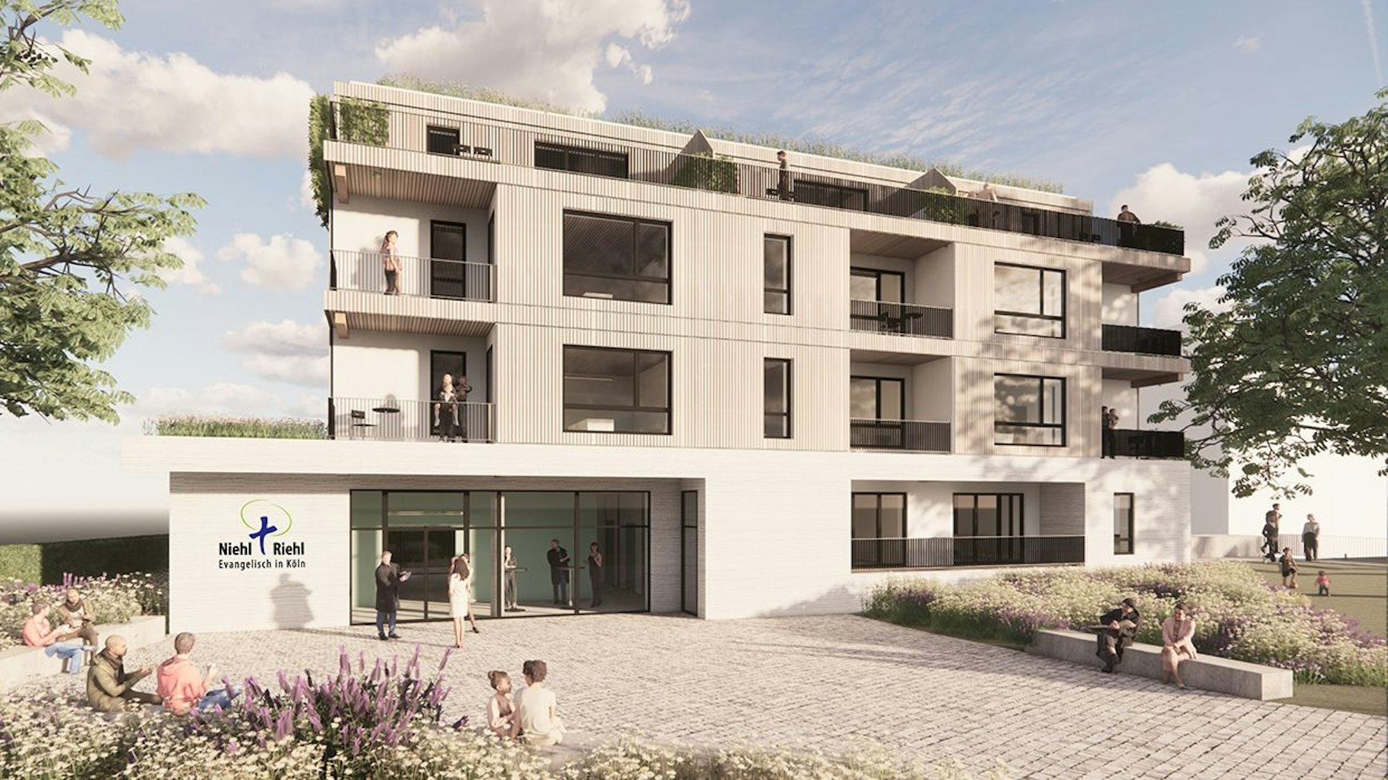 Eine Visualisierung eines Gebäudes mit Gemeindezentrum im Erdgeschoss.