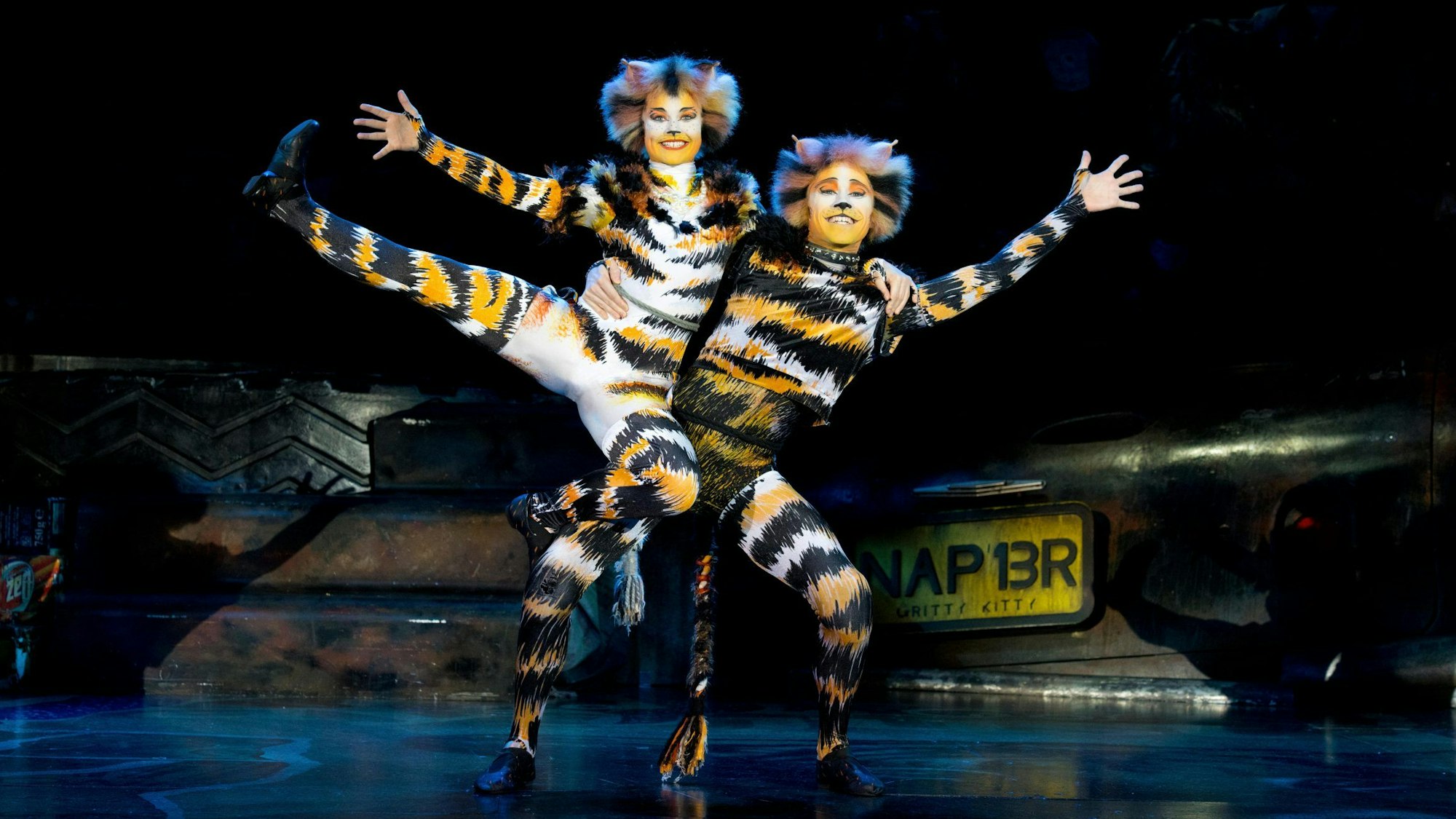 Zwei als getigerte Katzen kostümierte Darsteller tanzen auf der Bühne
